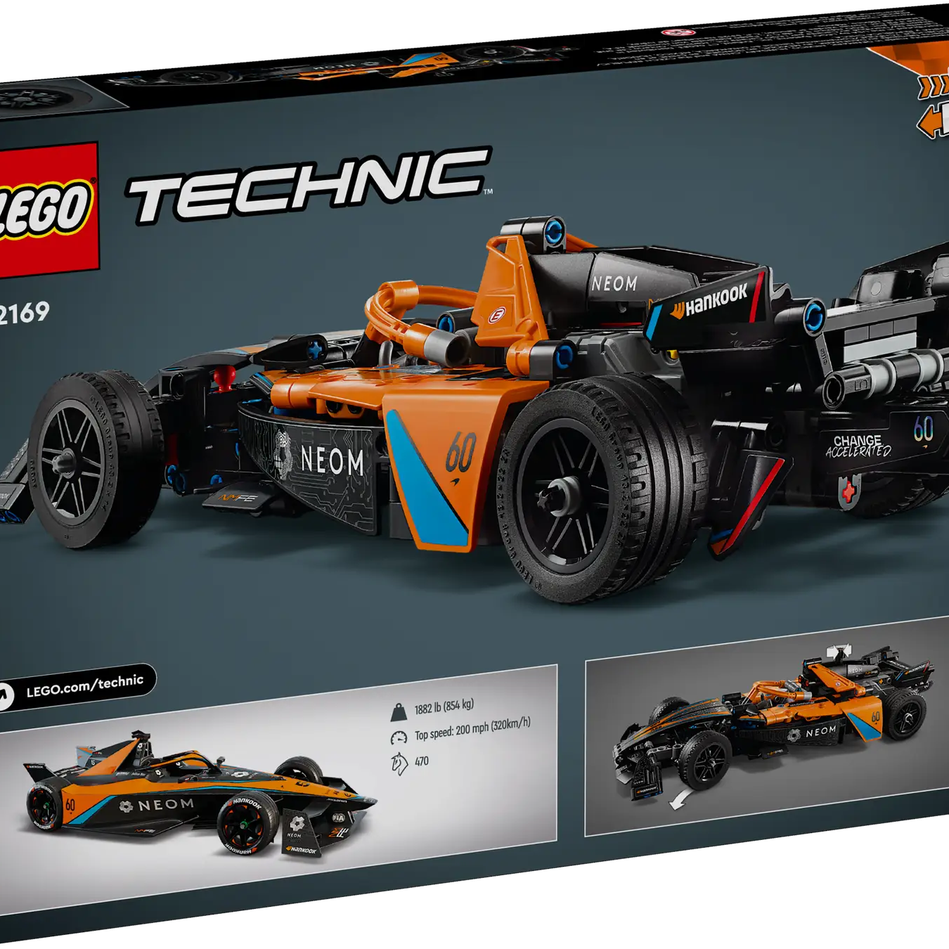 Lego Technic 42169 NEOM McLaren Formula E Team Race Car Toy Set with Double Pull-Back Action and Steering, Authentic Motorsport Engineering Building Kit for Boys and Girls Aged 9 and Up (452 Pieces)