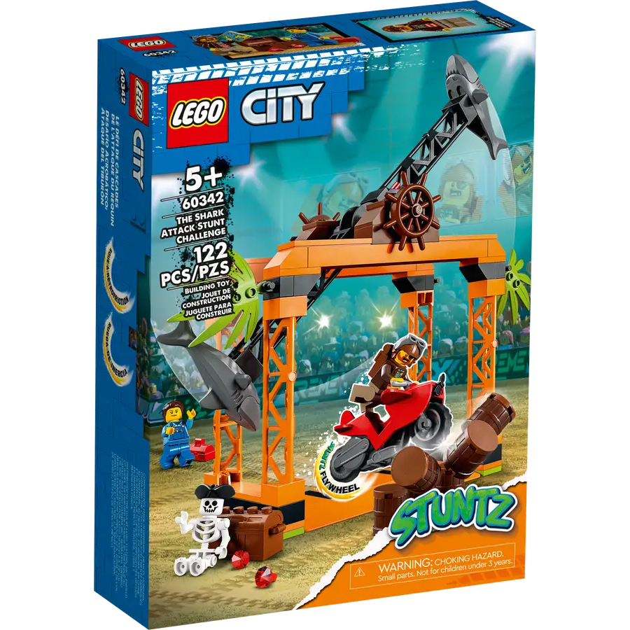 LEGO City 60342 - The Shark Attack Stunt Challenge | 122 Pieces | Ages 5+ | Flywheel-Powered Stunt Bike, Shark Obstacle & 2 Minifigures | LEGO City Stuntz Series