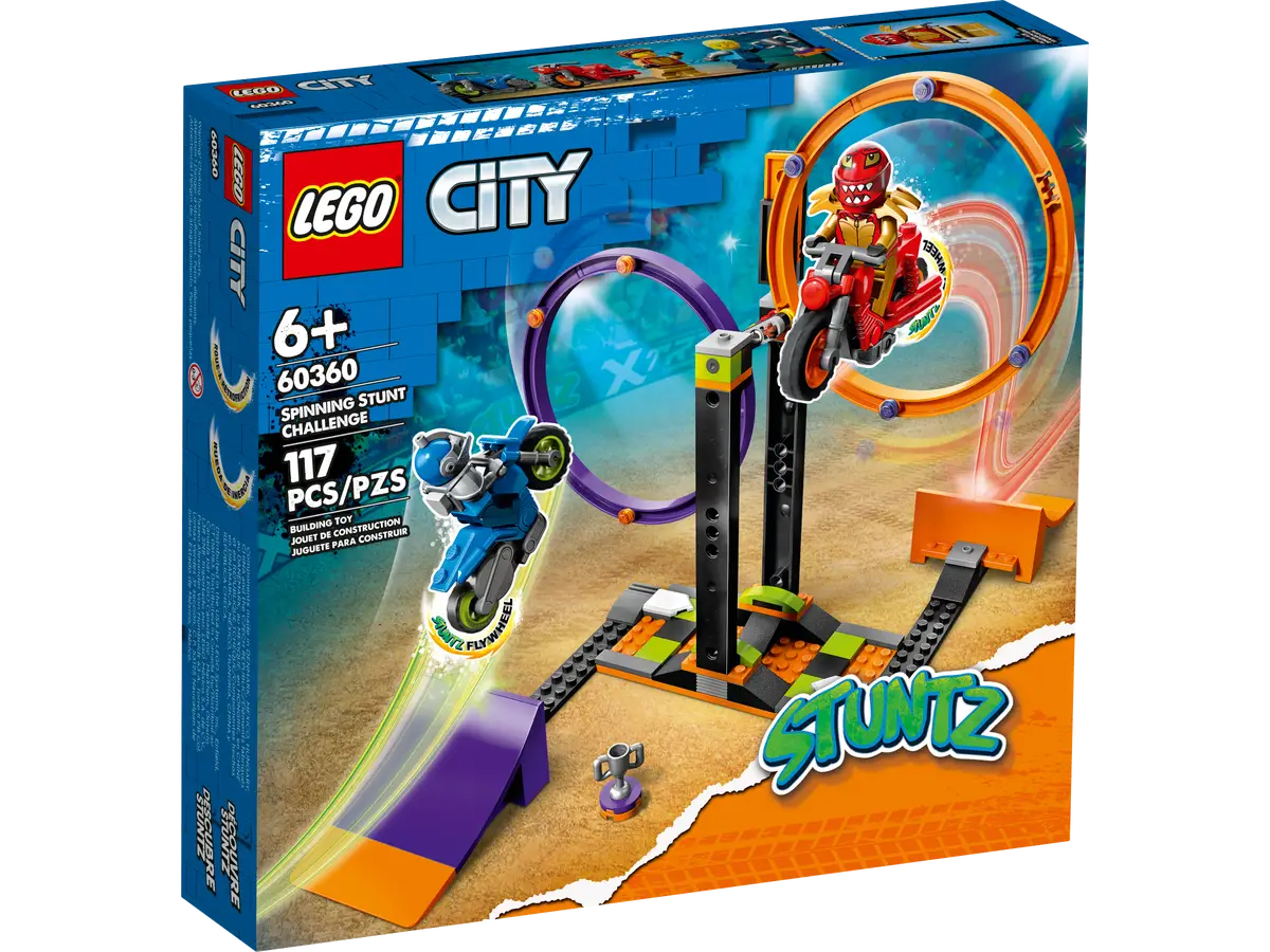 LEGO City 60360 Spinning Stunt Challenge – 117 Pieces – Buildable Stunt Course with Motorcycle Toy and Minifigure for Ages 6+