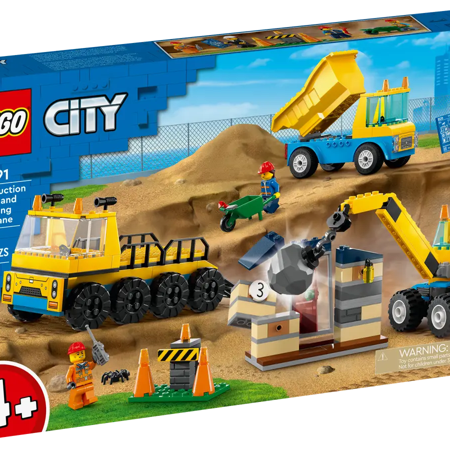 LEGO City 60391 Construction Trucks & Wrecking Ball Crane Set – 235-Piece Building Toy with Minifigures and Vehicles for Kids Aged 4+