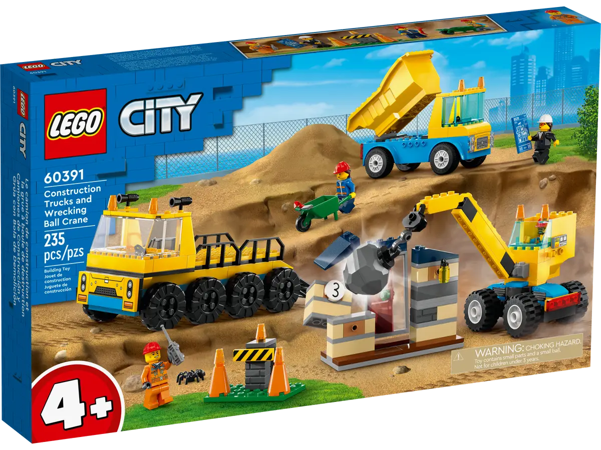 LEGO City 60391 Construction Trucks & Wrecking Ball Crane Set – 235-Piece Building Toy with Minifigures and Vehicles for Kids Aged 4+