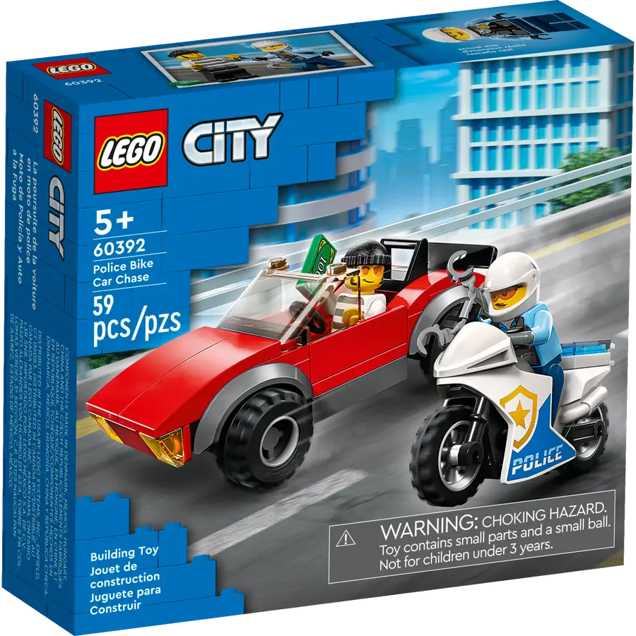 LEGO City 60392 Police Bike Car Chase Building Set – 59 Pieces with Police Motorbike, Sports Car, and Minifigures for Kids Aged 5+