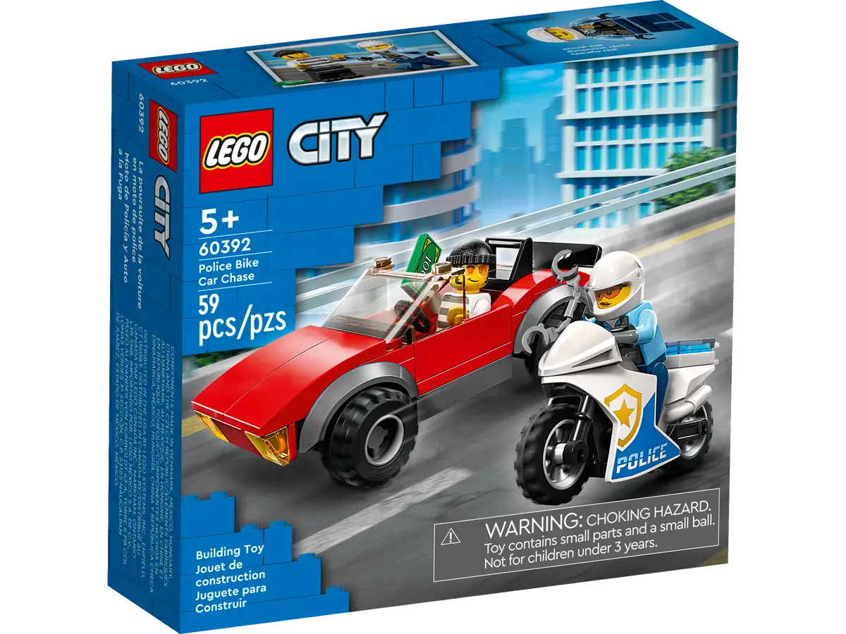 LEGO City 60392 Police Bike Car Chase Building Set – 59 Pieces with Police Motorbike, Sports Car, and Minifigures for Kids Aged 5+