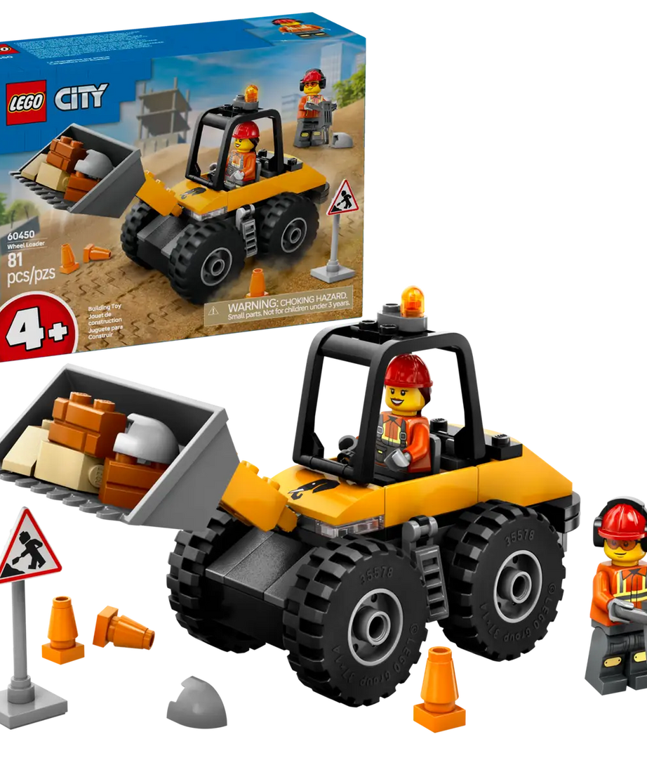 LEGO City Yellow Construction Wheel Loader 60450 – 81 Piece Building Kit for Kids 4+, Easy-Build Digger Toy with Minifigures, Realistic Wheels & Accessories, STEM Gift