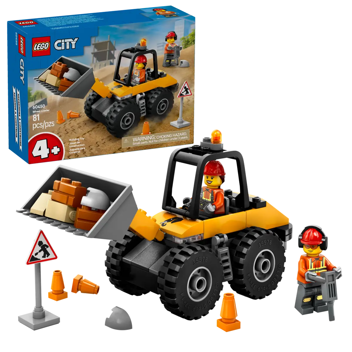 LEGO City Yellow Construction Wheel Loader 60450 – 81 Piece Building Kit for Kids 4+, Easy-Build Digger Toy with Minifigures, Realistic Wheels & Accessories, STEM Gift