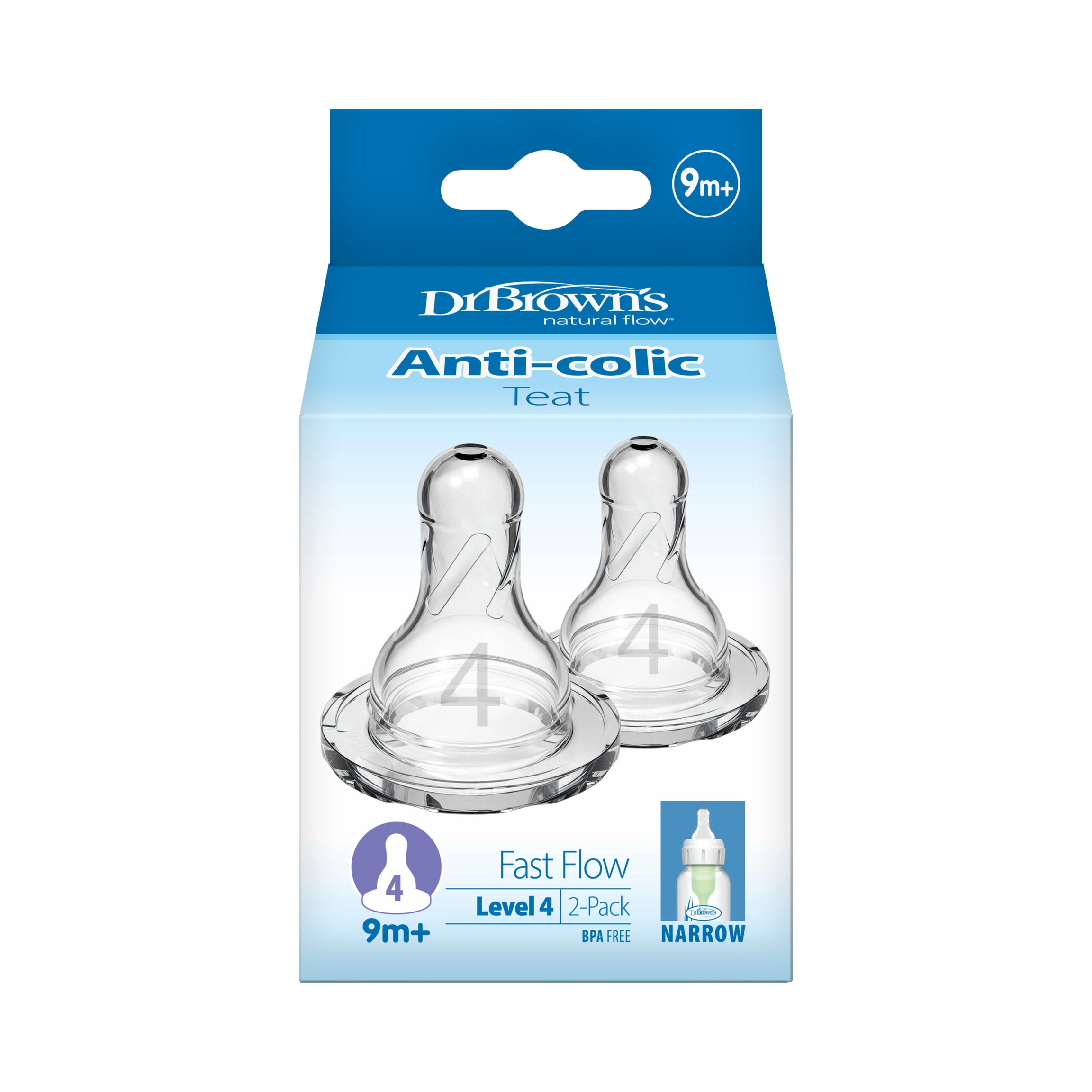 Dr. Brown's Natural Flow Anti-Colic Teat - Level 4 - Fast Flow | Narrow Neck for 9m+ | Pack of 2 Teats