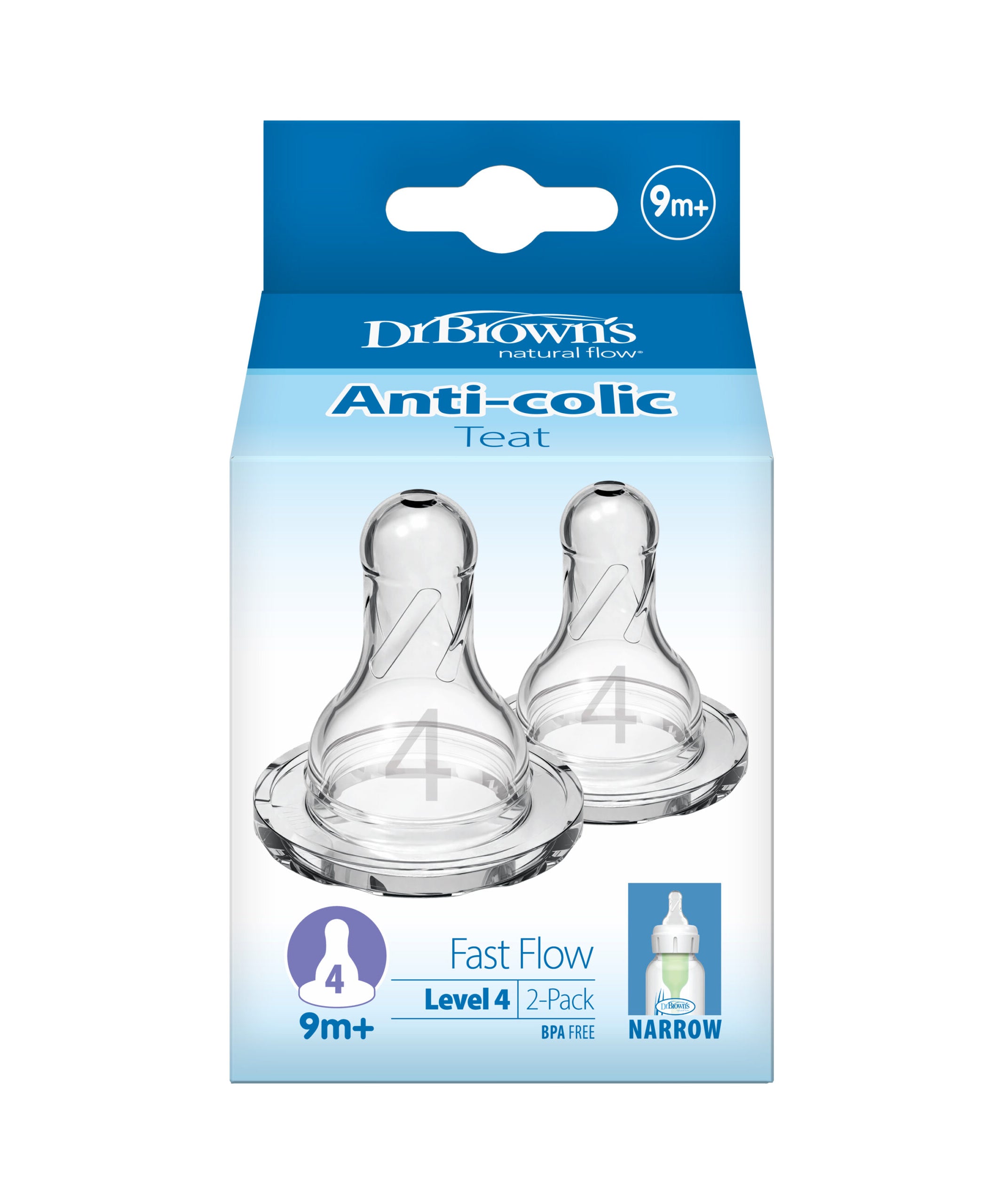 Dr. Brown's Natural Flow Anti-Colic Teat - Level 4 - Fast Flow | Narrow Neck for 9m+ | Pack of 2 Teats