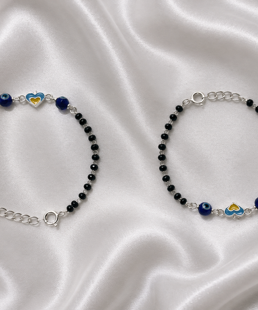 Blue Heart & Evil Eye Enamel Nazariya - 925 Sterling Silver Protective Bracelet for Kids