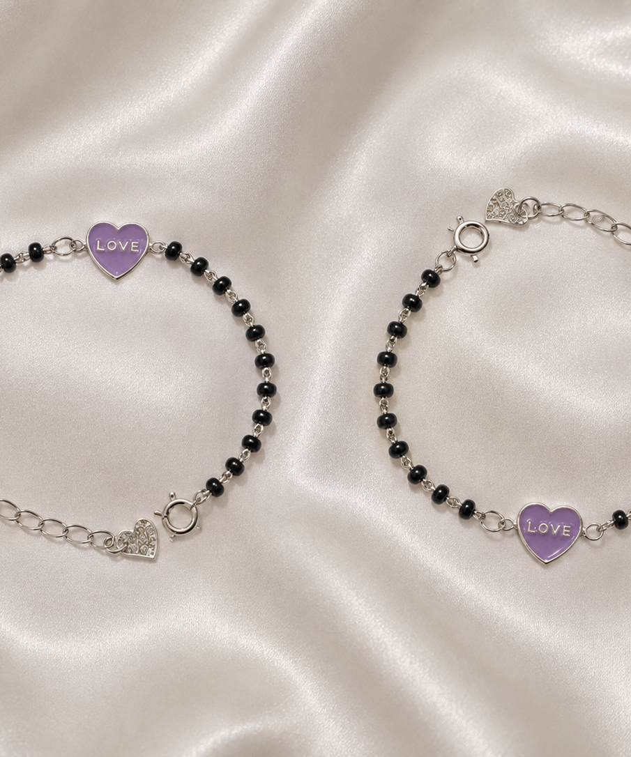Purple "LOVE" Heart Enamel Nazariya - 925 Sterling Silver Protective Bracelet for Kids
