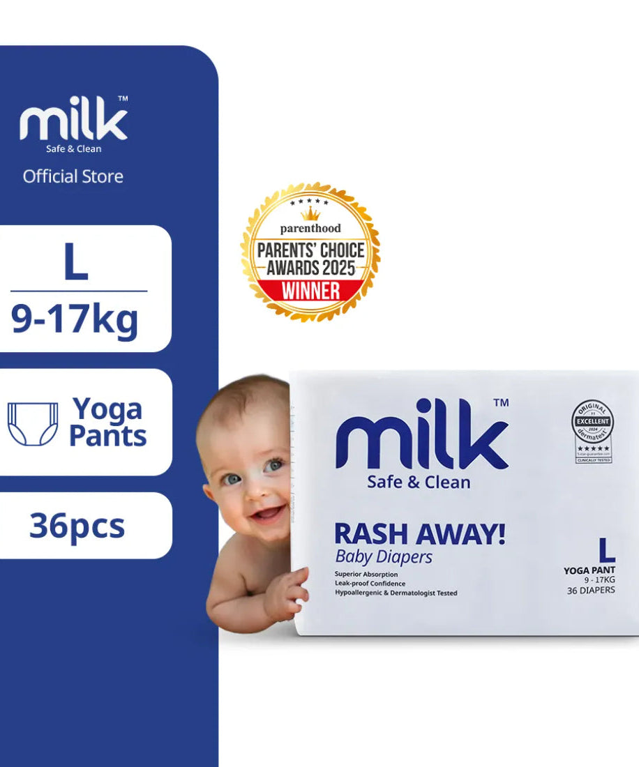 Milk Rash Away Baby Diapers | Large (L) Size Yoga Pant Pull-Ups | 36 Count | 9-17kg | Superior Absorption, Leak-Proof & Dermatologist Tested