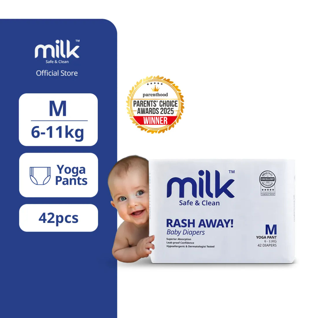 Milk Safe & Clean Baby Diapers Size-3 Medium (M) 42pcs | Yoga Pant Style Pull-Ups | 6-11kg | RashDefense™ Active Fit