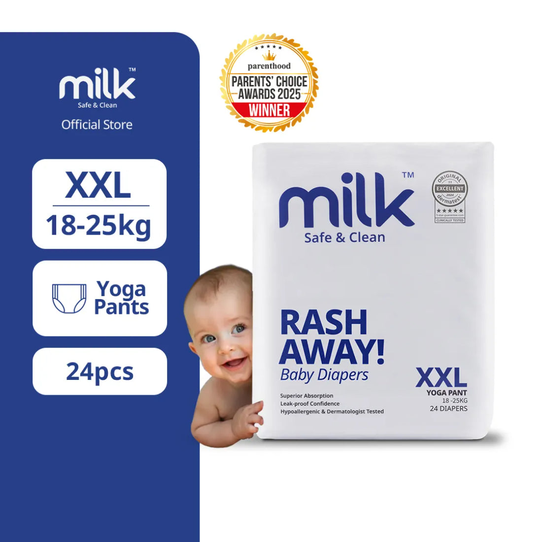 Milk Rash Away Baby Diapers | XXL Size Yoga Pant Pull-Ups | 24 Count | 18-25kg | Superior Absorption, Leak-Proof & Dermatologist Tested