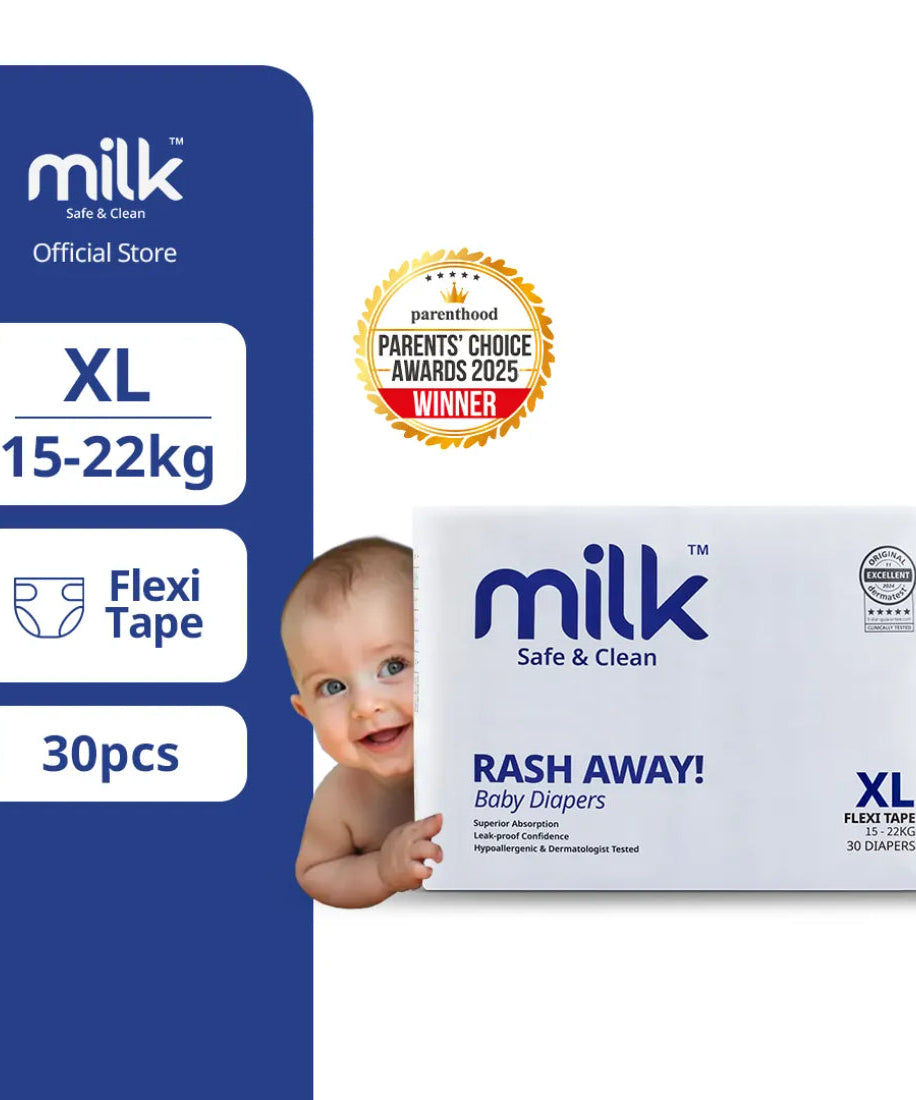 Milk Rash Away Baby Diapers | Extra Large (XL) Size Flexi Tape | 30 Count | 15-22kg | Superior Absorption, Leak-Proof & Dermatologist Tested