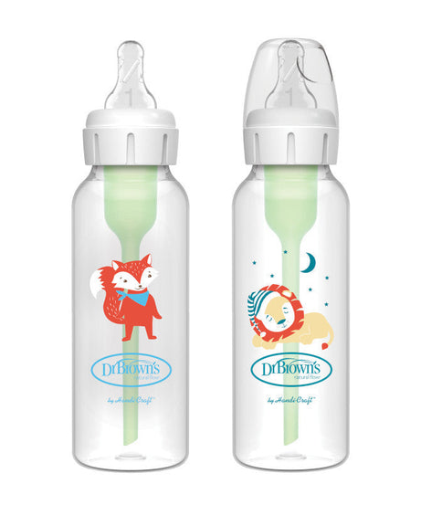 Dr Brown's Anti-Colic Options+ Baby Bottle | Narrow Neck 250ml Twin Pack with Lion & Fox Design | Clinically Proven Vent System | BPA-Free Baby Feeding Bottles from Birth
