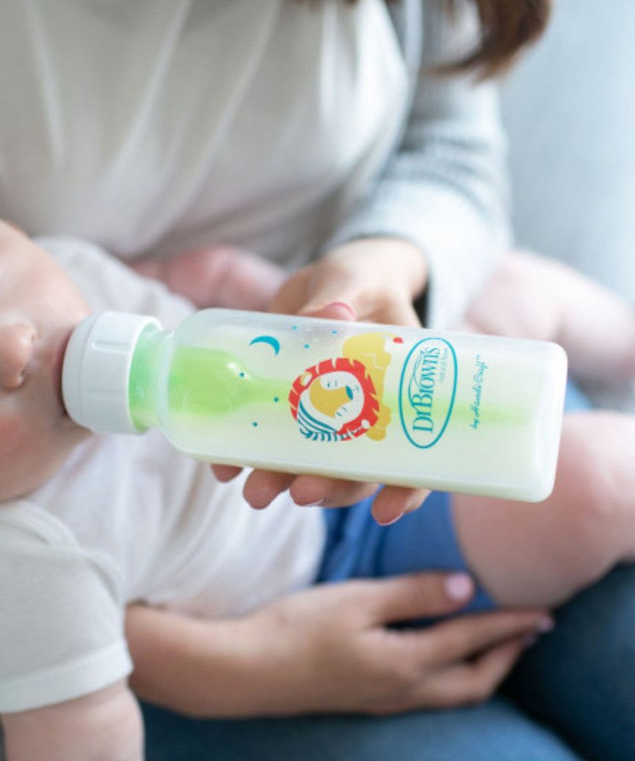 Dr Brown's Anti-Colic Options+ Baby Bottle | Narrow Neck 250ml Twin Pack with Lion & Fox Design | Clinically Proven Vent System | BPA-Free Baby Feeding Bottles from Birth