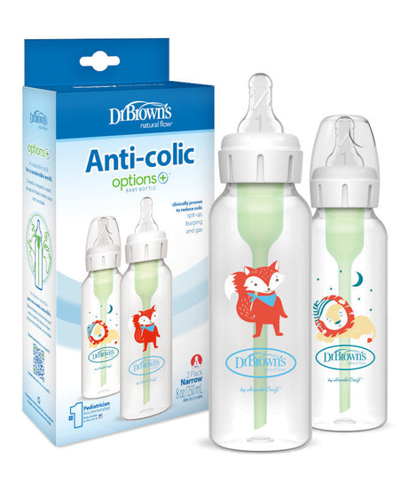 Dr Brown's Anti-Colic Options+ Baby Bottle | Narrow Neck 250ml Twin Pack with Lion & Fox Design | Clinically Proven Vent System | BPA-Free Baby Feeding Bottles from Birth