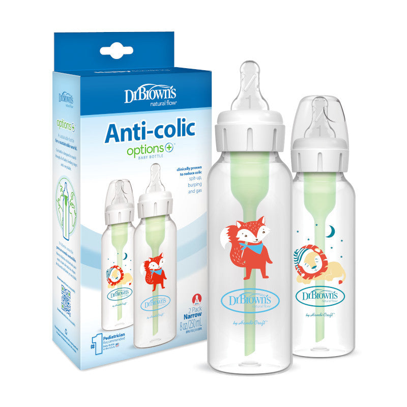 Dr Brown's Anti-Colic Options+ Baby Bottle | Narrow Neck 250ml Twin Pack with Lion & Fox Design | Clinically Proven Vent System | BPA-Free Baby Feeding Bottles from Birth