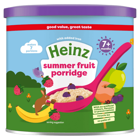 Heinz Summer Fruit Porridge for Babies 7+ Months – Nutritious 220g Cereal with Added Iron, Banana & Berries | No Palm Oil, No Artificial Additives