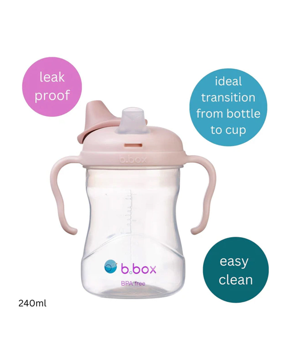 b.box Soft Silicone Spout Cup – Blush Pink | for Babies 4 Months+ | BPA-Free 240ml No-Spill Drinking Cup with Gentle Angled Spout & Easy-Grip Handles | Interchangeable Lid | Dishwasher Safe