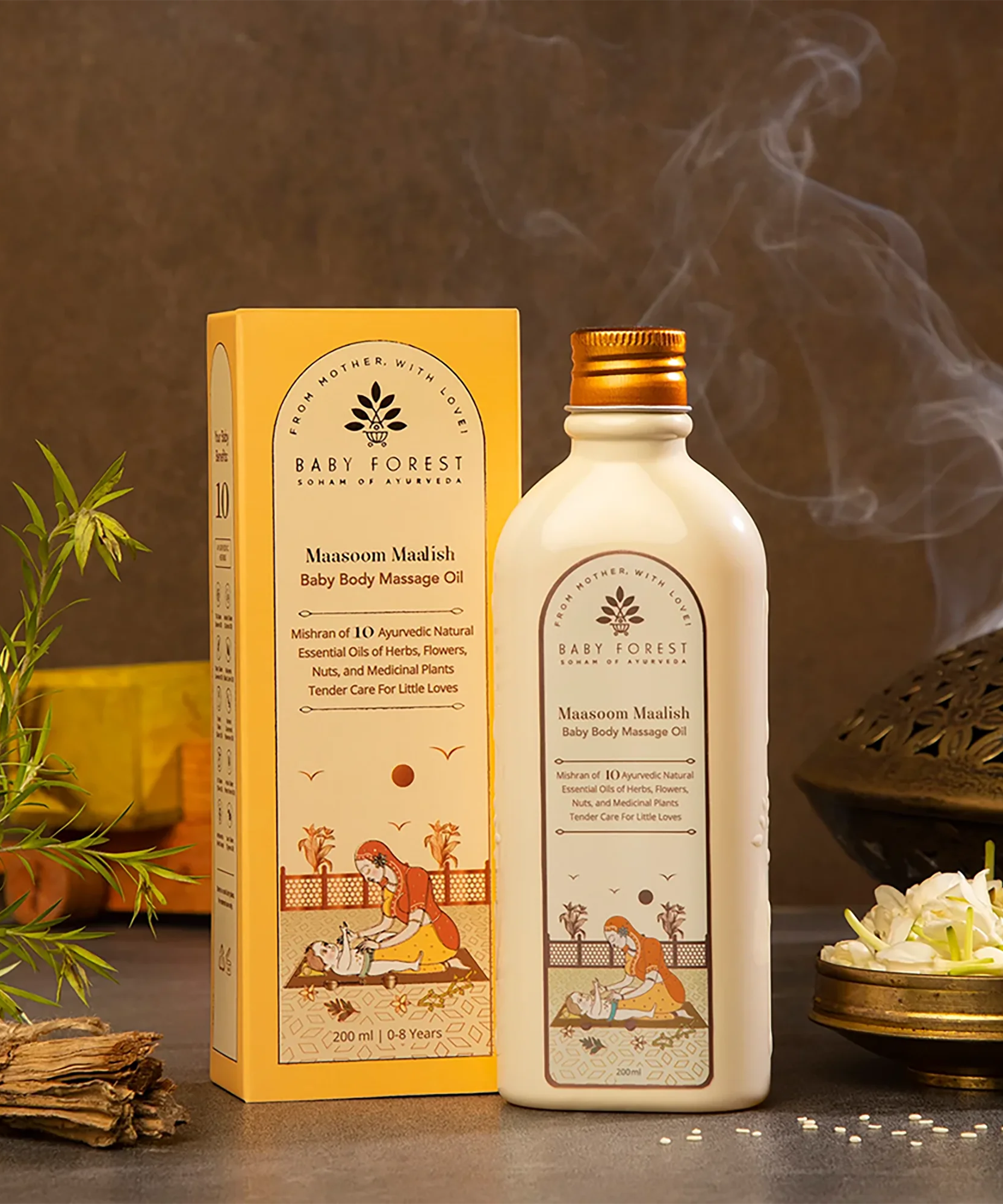 Baby Forest Maasoom Maalish Ayurvedic Baby Body Massage Oil (200ml) – Blend of 10 Natural Essential Herbs & Cold-Pressed Oils for Strong Bones, Muscle Tone & Sound Sleep
