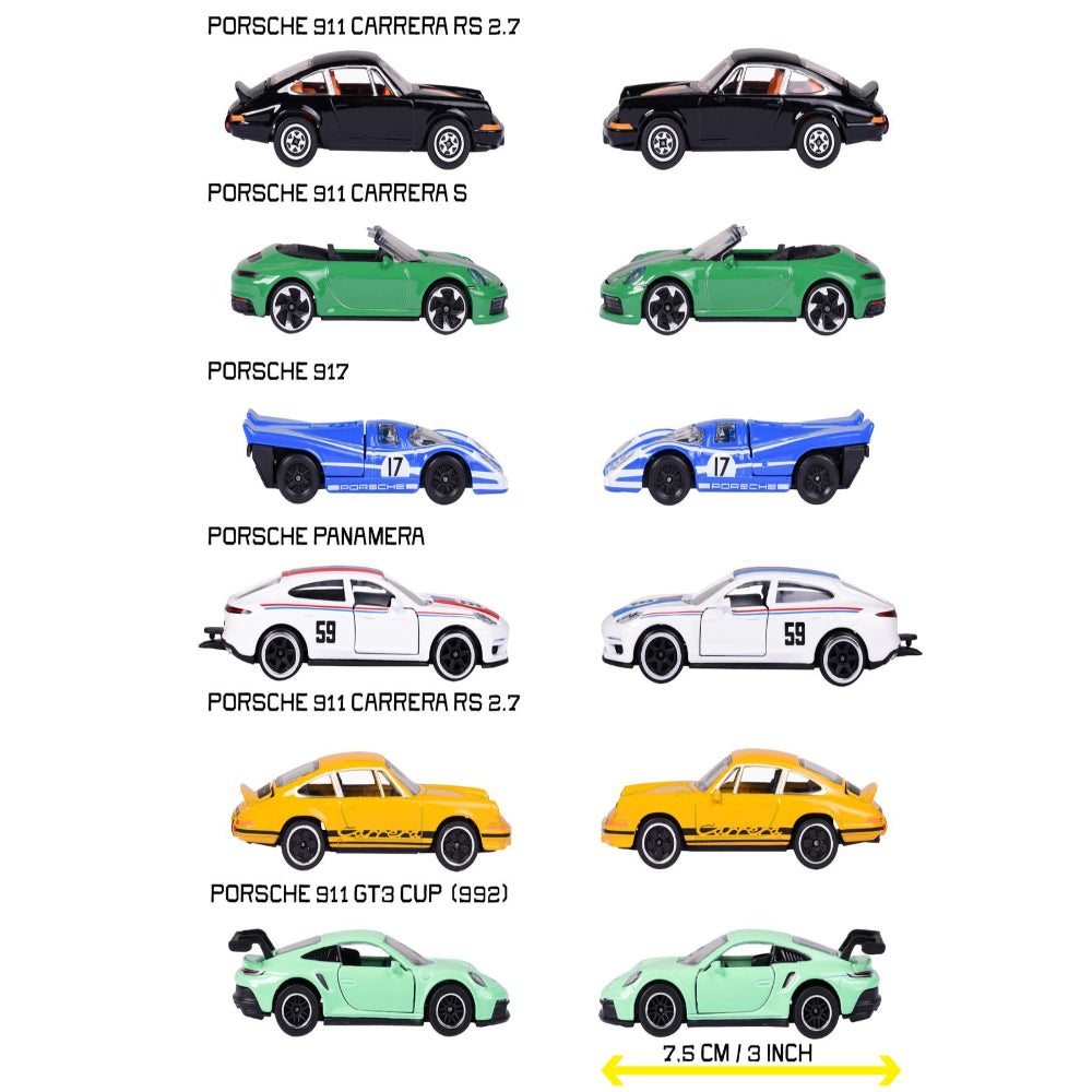 Majorette Porsche Premium Cars 6-Assortment Die-Cast Vehicle Collection | Panamera, Porsche 917, Porsche 911 Carrera RS 2.7, Porsche 911 Carrera S & GT3 Cup (992) | Metal Cars with Moving Parts | 1:64 Scale | Ages 3+