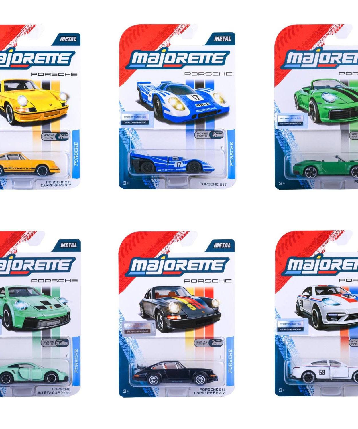 Majorette Porsche Premium Cars 6-Assortment Die-Cast Vehicle Collection | Panamera, Porsche 917, Porsche 911 Carrera RS 2.7, Porsche 911 Carrera S & GT3 Cup (992) | Metal Cars with Moving Parts | 1:64 Scale | Ages 3+