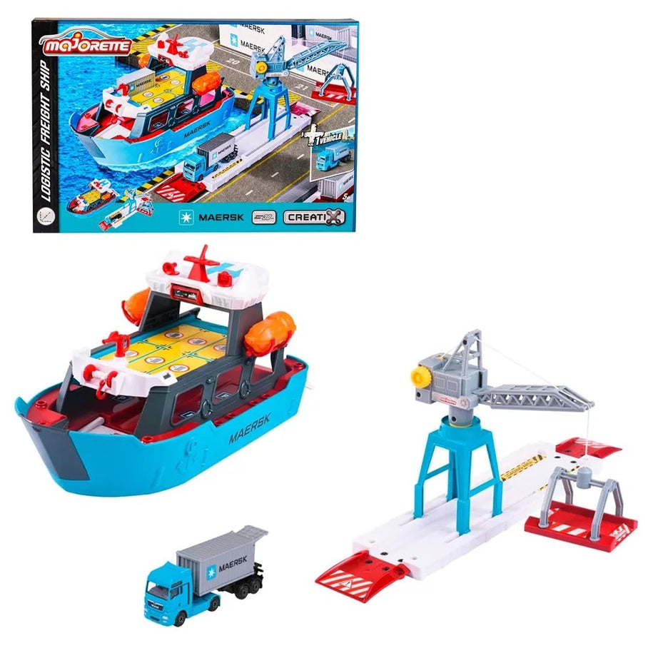 Majorette Logistic Freight Ship – Maersk Themed Container Loading Playset with Crane & Truck | 5 Years+ | Port Terminal Pretend Play for Kids