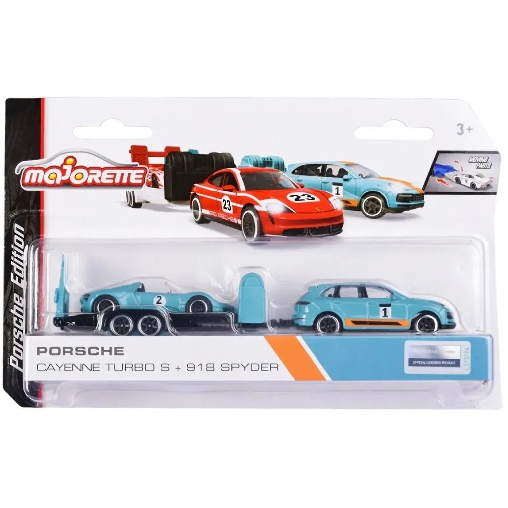 Majorette Porsche Race Trailer Set – Officially Licensed 1:64 Scale Die-Cast Toy Cars with Trailer | Porsche Cayenne, Panamera, Taycan with Matching Race Cars | Metal Body & Opening Parts | Ages 3+