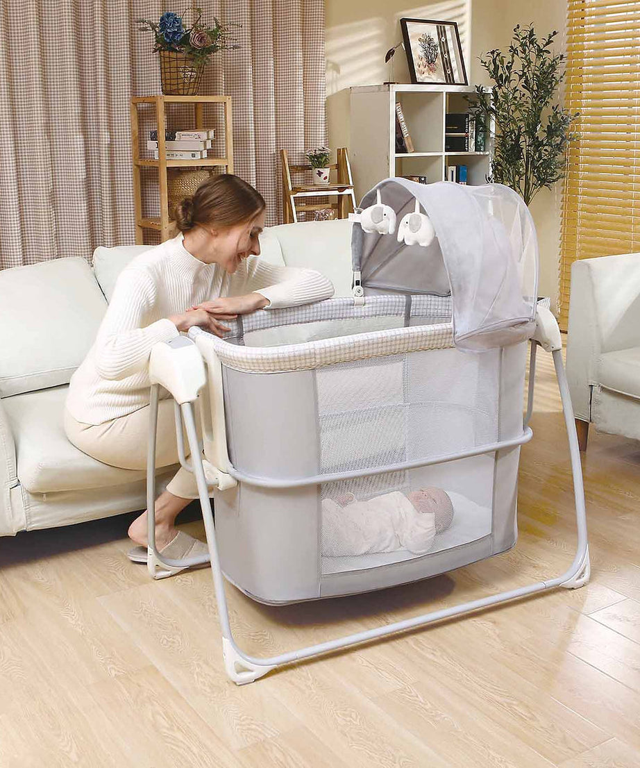 Mastela Deluxe 4-in-1 Swing & Bassinet | Bluetooth Enabled Automatic Baby Cradle, Bedside Sleeper & Playard | 5 Swing Speeds, 15 Melodies & Mosquito Net | Birth to 13.6kg | Available in 3 Different Colors - MINIMEE KIDS