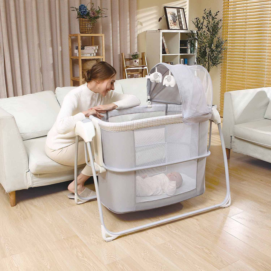 Mastela Deluxe 4-in-1 Swing & Bassinet | Bluetooth Enabled Automatic Baby Cradle, Bedside Sleeper & Playard | 5 Swing Speeds, 15 Melodies & Mosquito Net | Birth to 13.6kg | Available in 3 Different Colors - MINIMEE KIDS