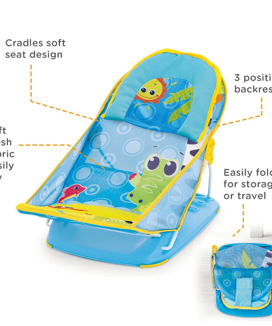 Mastela Mother’s Touch Deluxe Baby Bather | 3-Position Adjustable Recline with Head Support Cushion | Quick-Dry Soft Mesh Sling for Newborns (Birth+) | Foldable & Portable Bath Seat - MINIMEE KIDS