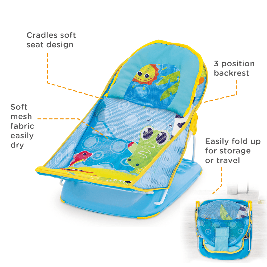 Mastela Mother’s Touch Deluxe Baby Bather - 3-Position Adjustable Recline with Head Support Cushion & Quick-Dry Mesh Sling for Newborns (0-6 Months) - Blue