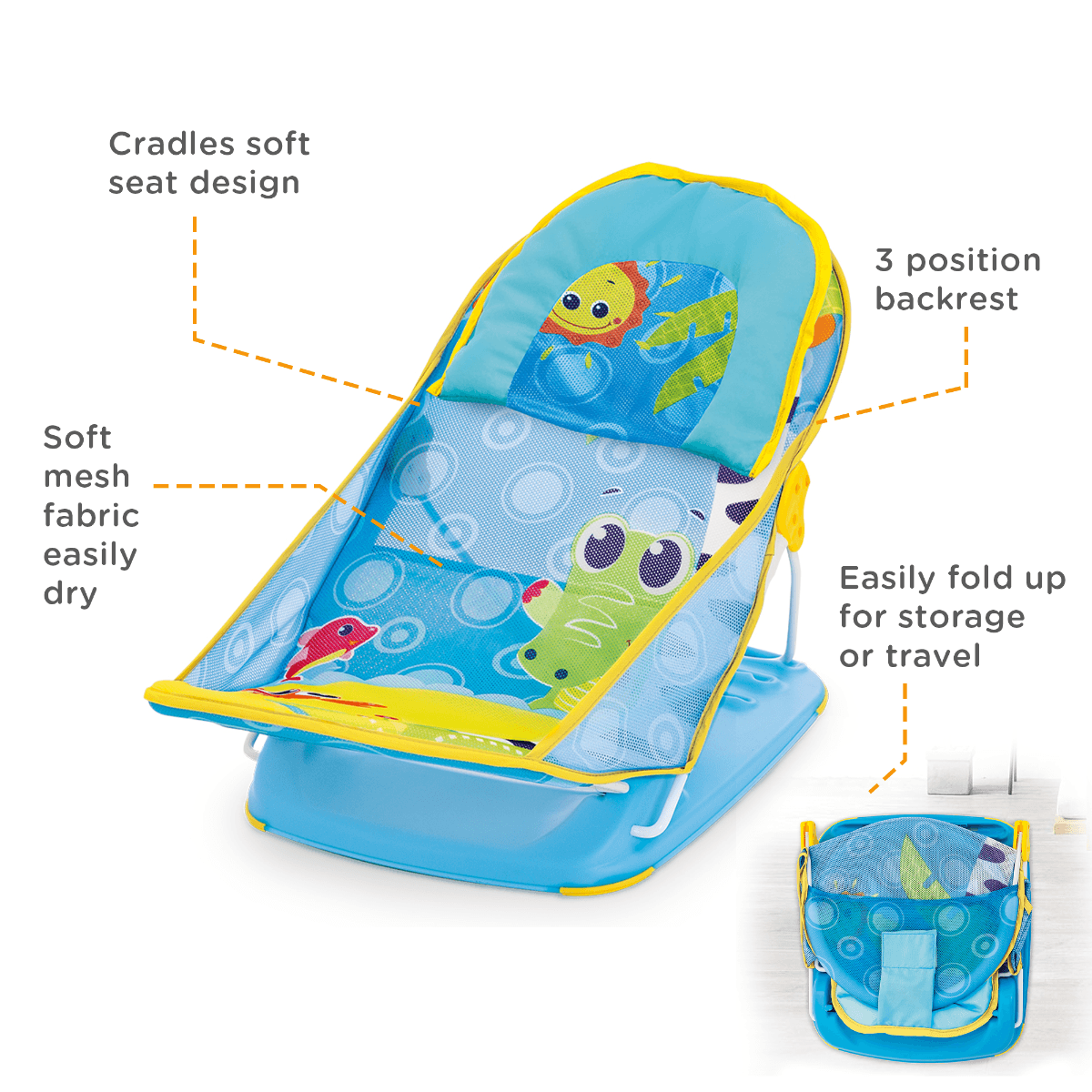 Mastela Mother’s Touch Deluxe Baby Bather - 3-Position Adjustable Recline with Head Support Cushion & Quick-Dry Mesh Sling for Newborns (0-6 Months) - Blue