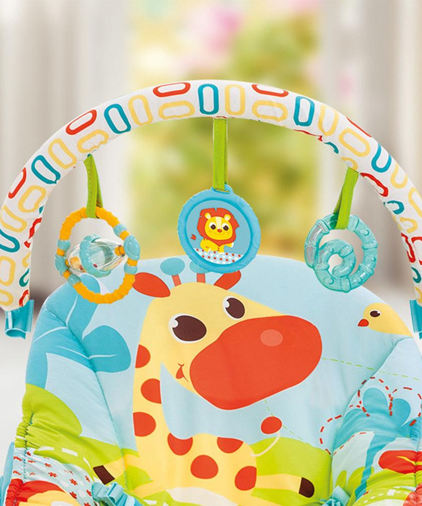 Mastela Music & Soothe Bouncer | 3-Position Adjustable Recline Infant Seat with Melodies & Vibrations | Removable Toy Bar & Cradling Support | Birth to 11kg | Blue Lion Design - MINIMEE KIDS