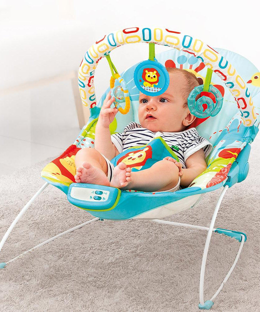 Mastela Music & Soothe Bouncer | 3-Position Adjustable Recline Infant Seat with Melodies & Vibrations | Removable Toy Bar & Cradling Support | Birth to 11kg | Blue Lion Design - MINIMEE KIDS