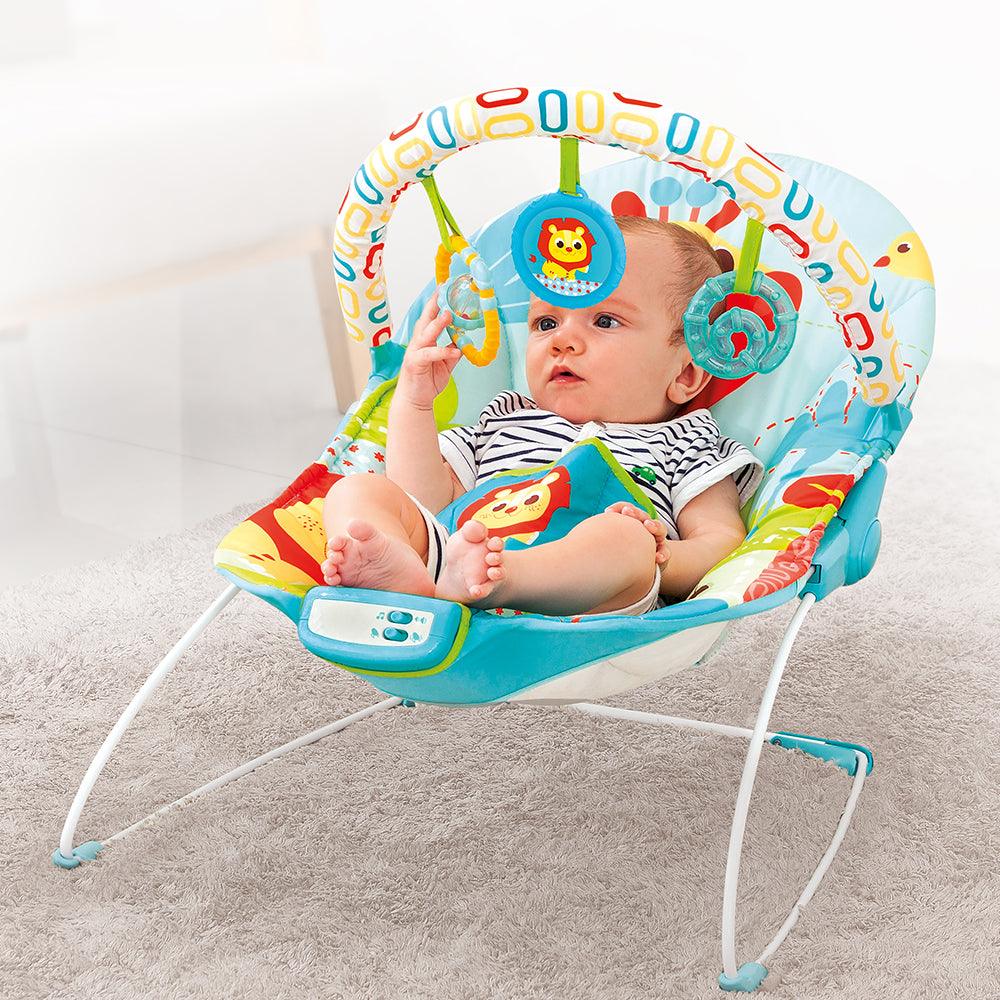 Mastela Music & Soothe Bouncer | 3-Position Adjustable Recline Infant Seat with Melodies & Vibrations | Removable Toy Bar & Cradling Support | Birth to 11kg | Blue Lion Design - MINIMEE KIDS