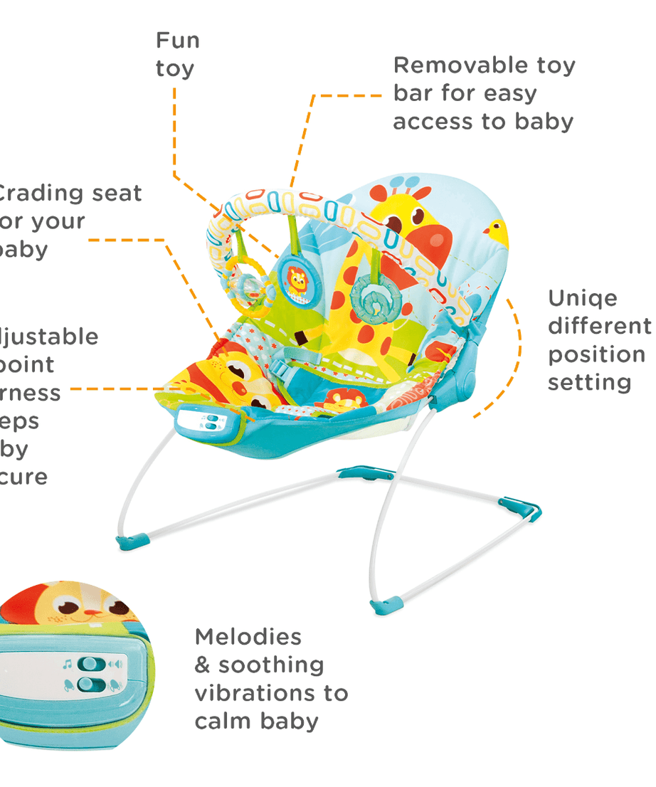 Mastela Music & Soothe Bouncer | 3-Position Adjustable Recline Infant Seat with Melodies & Vibrations | Removable Toy Bar & Cradling Support | Birth to 11kg | Blue Lion Design - MINIMEE KIDS