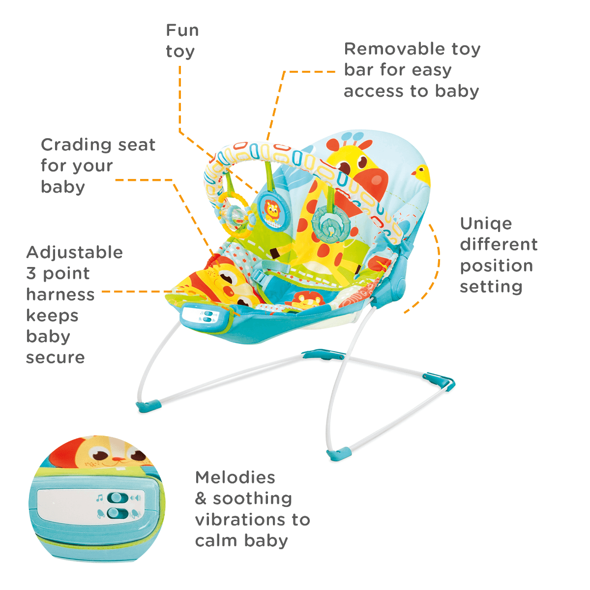 Mastela Music & Soothe Bouncer | 3-Position Adjustable Recline Infant Seat with Melodies & Vibrations | Removable Toy Bar & Cradling Support | Birth to 11kg | Blue Lion Design - MINIMEE KIDS