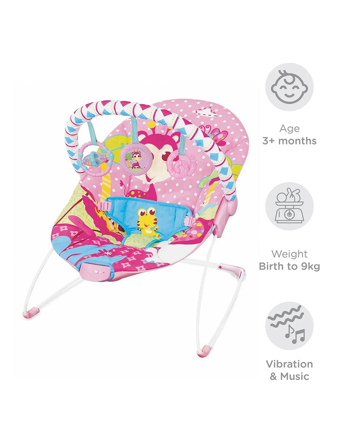Mastela Soothing Vibrations Bouncer | Cradling Infant Seat with Engaging Toys & Removable Toy Bar | Birth to 11kg (approx. 9 Months) | Pink Floral & Polka Dot Design - MINIMEE KIDS