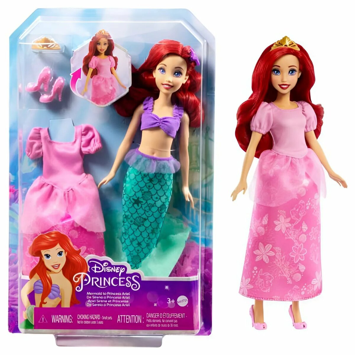 2-in-1 Disney Princess  Mermaid to Princess Ariel Doll Set – Transformation with Gown, Mermaid Tail & Accessories for Kids 3+ Years