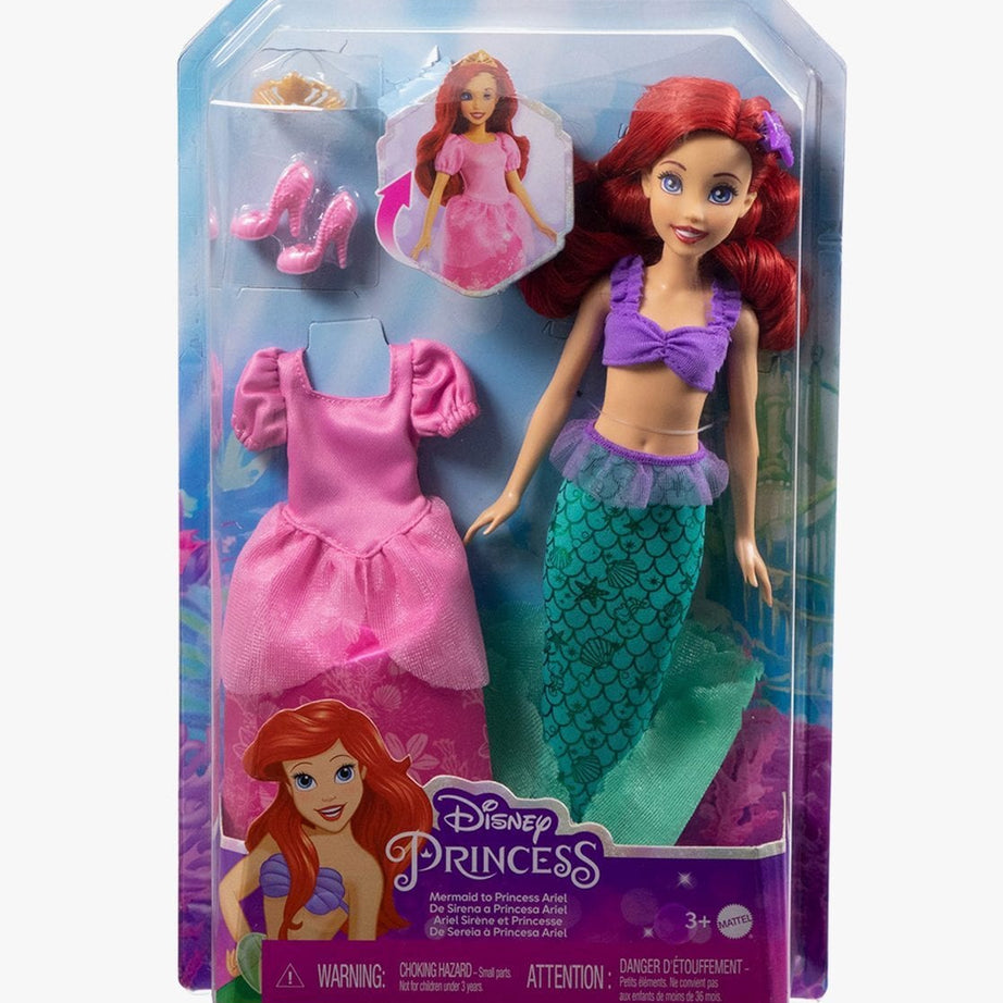 2-in-1 Disney Princess  Mermaid to Princess Ariel Doll Set – Transformation with Gown, Mermaid Tail & Accessories for Kids 3+ Years