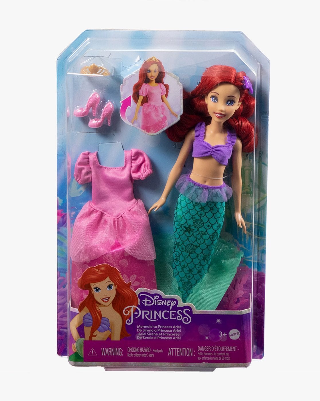 2-in-1 Disney Princess  Mermaid to Princess Ariel Doll Set – Transformation with Gown, Mermaid Tail & Accessories for Kids 3+ Years