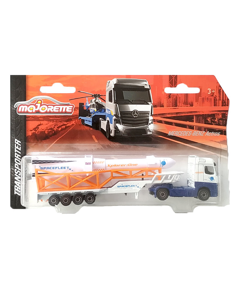 Majorette Transporter Series – Mercedes-Benz Actros & MAN TGX XXL Die-Cast Truck with Speedboat, Police Helicopter, Spacefleet, Tractor, Aeroplane & More | 3+ Years