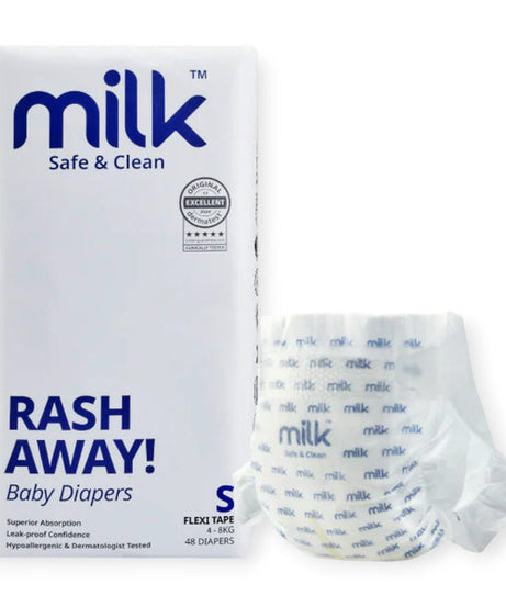 Milk Safe & Clean Baby Diapers Small (S) Size 48pcs | RashDefense™ Leak-Proof, Dermatologist Tested, 12-Hour Dryness