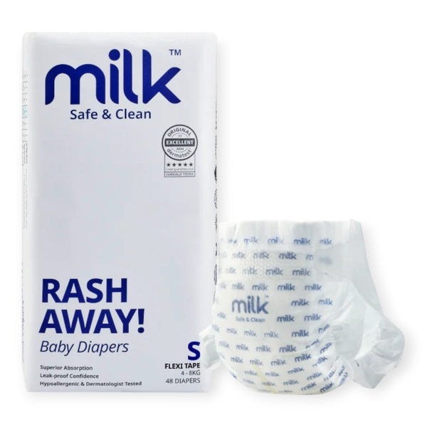 Milk Safe & Clean Baby Diapers Small (S) Size 48pcs | RashDefense™ Leak-Proof, Dermatologist Tested, 12-Hour Dryness