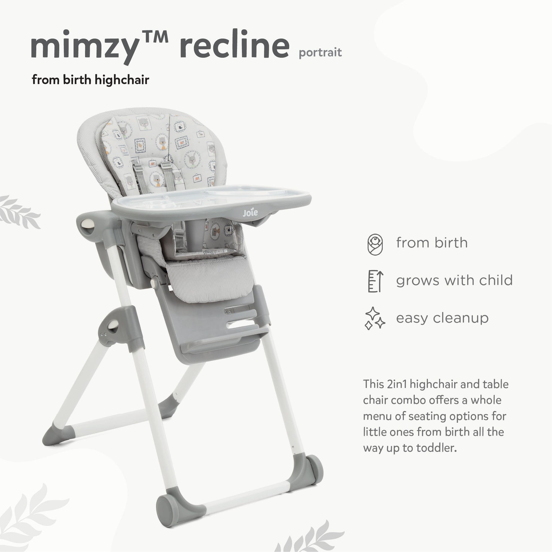Joie Mimzy Recline High Chair | 5-Position Recline & 7-Level Height Adjustable Baby High Chair | Birth to 3 Years (Up to 15 Kg) | Compact Foldable with Storage Basket | Portrait
