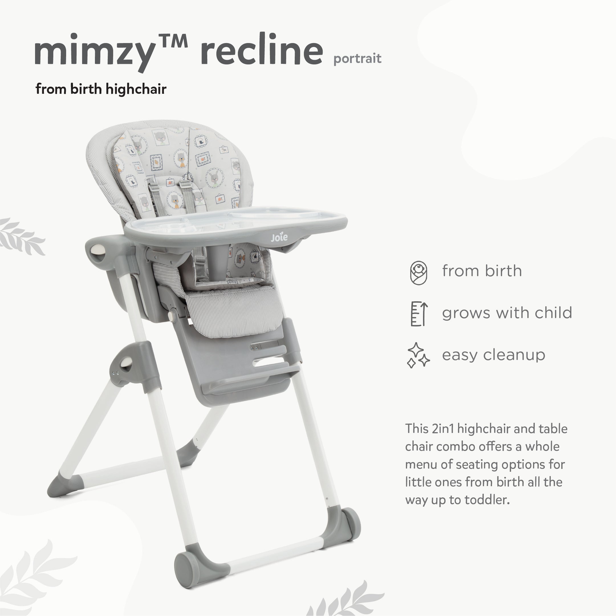 Joie Mimzy Recline High Chair | 5-Position Recline & 7-Level Height Adjustable Baby High Chair | Birth to 3 Years (Up to 15 Kg) | Compact Foldable with Storage Basket | Portrait