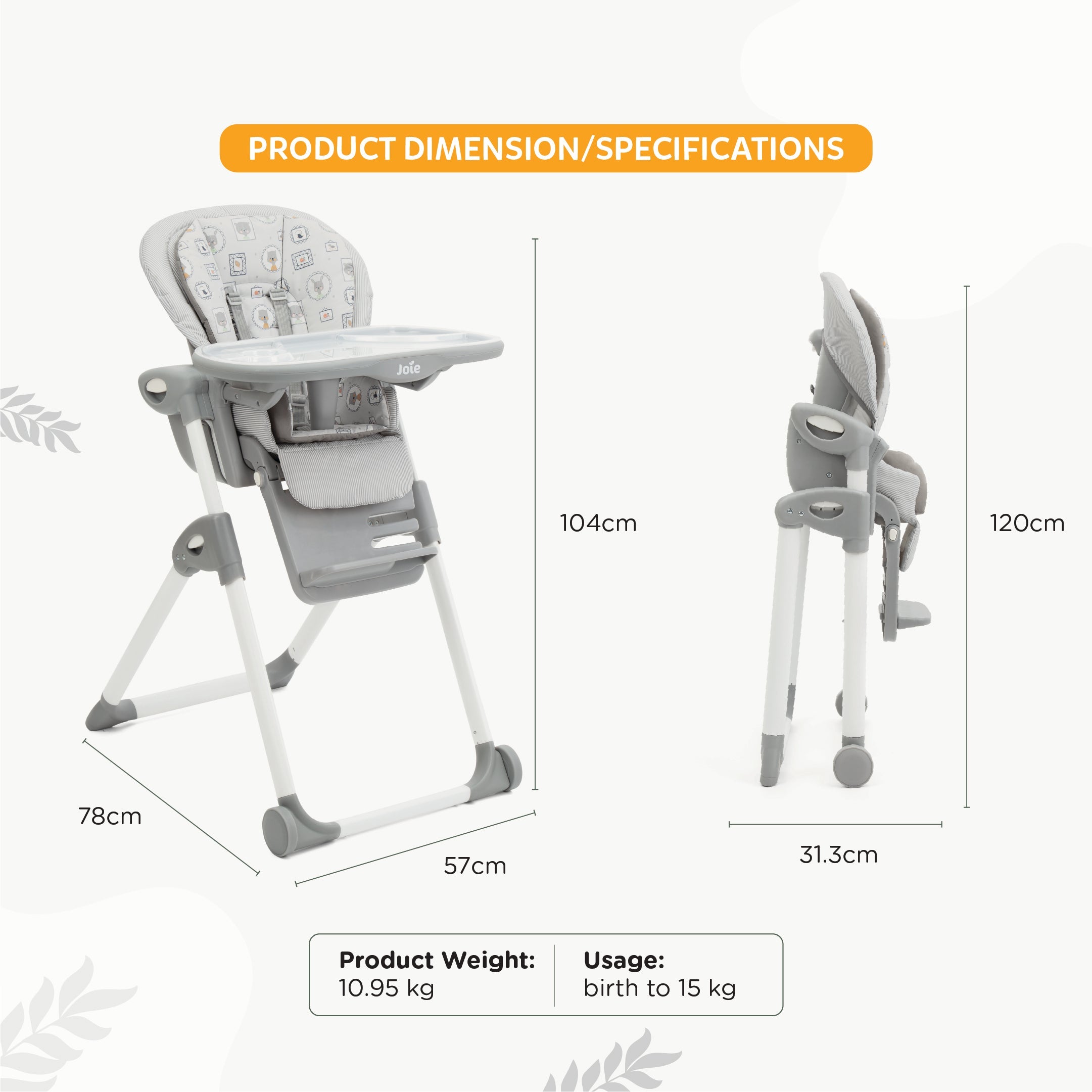 Joie Mimzy Recline High Chair | 5-Position Recline & 7-Level Height Adjustable Baby High Chair | Birth to 3 Years (Up to 15 Kg) | Compact Foldable with Storage Basket | Portrait