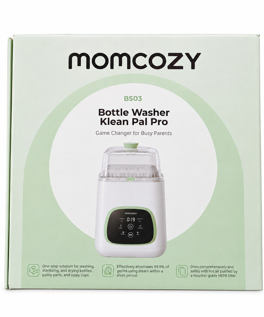 Momcozy KleanPal Pro BS03 automatic baby bottle washer sterilizer and dryer packaging
