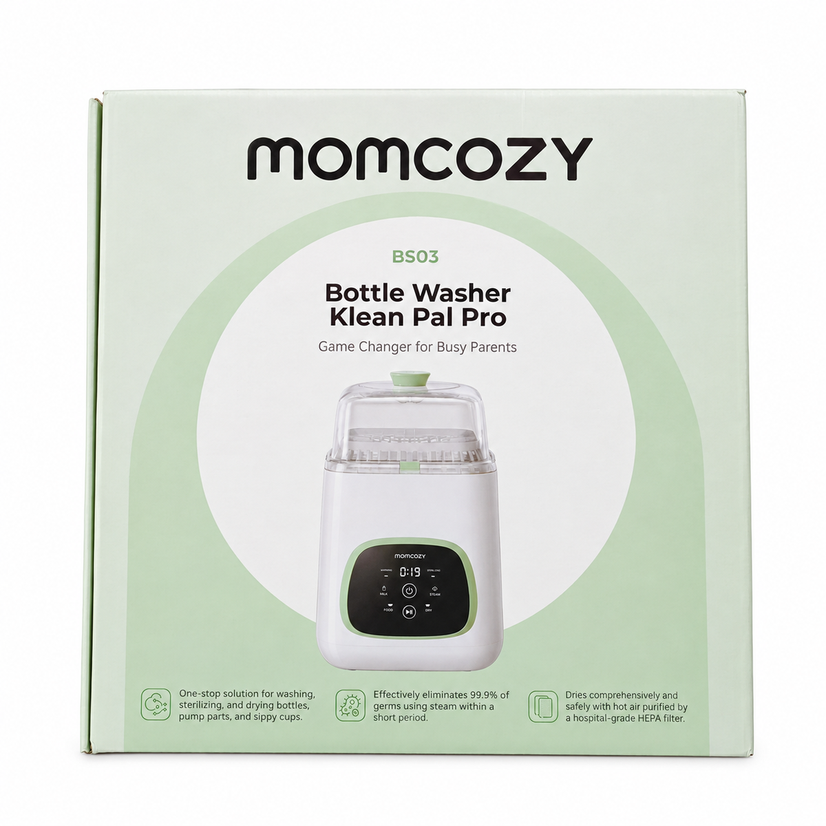 Momcozy KleanPal Pro BS03 automatic baby bottle washer sterilizer and dryer packaging

